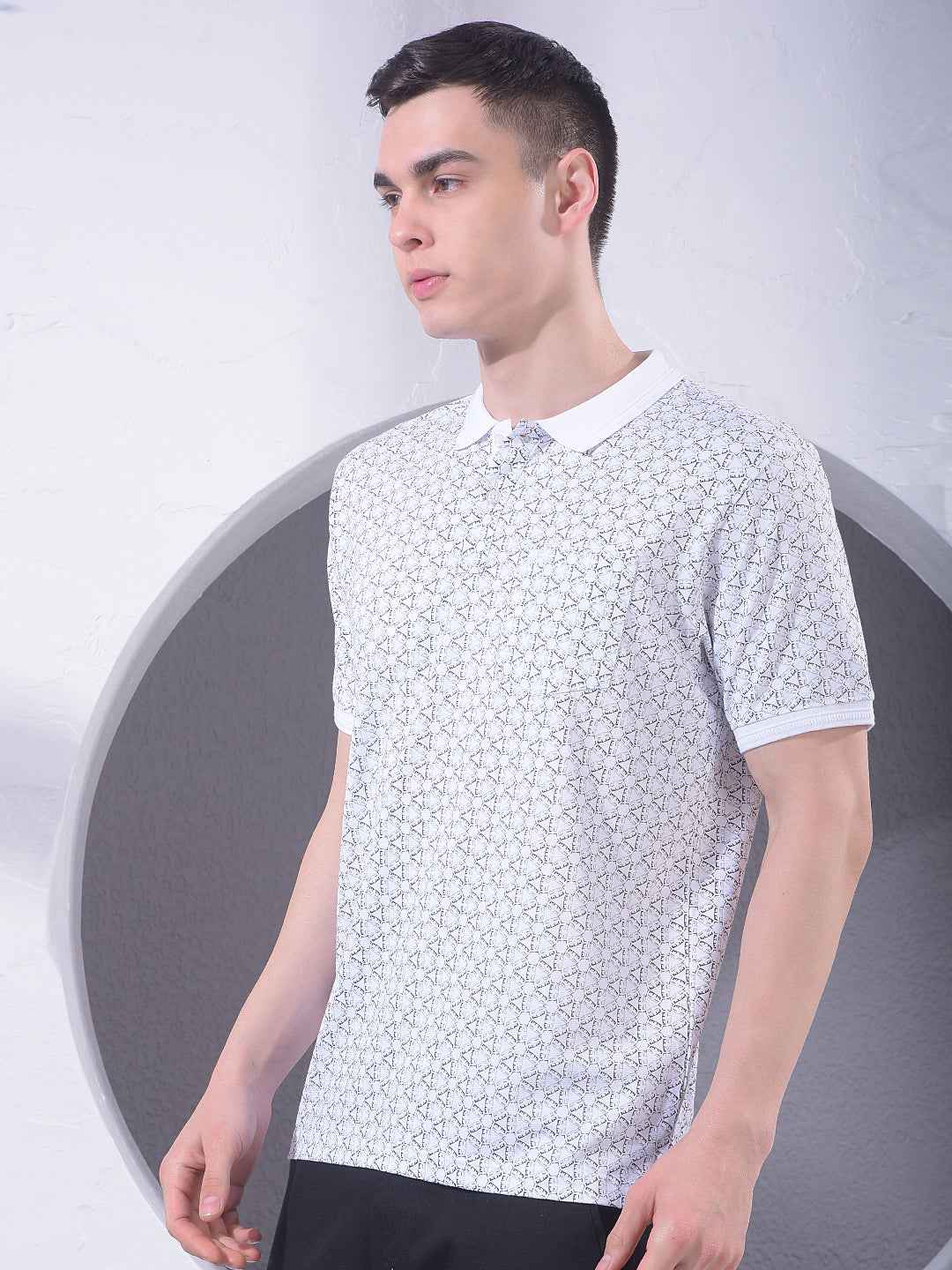 White Printed Polo Neck T-Shirt
