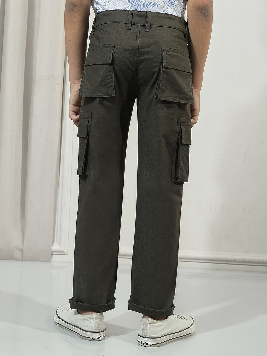 Olive Cotton Straight Stretchable Cargo Trousers