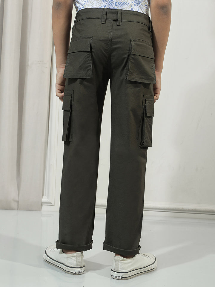 Olive Cotton Straight Stretchable Cargo Trousers