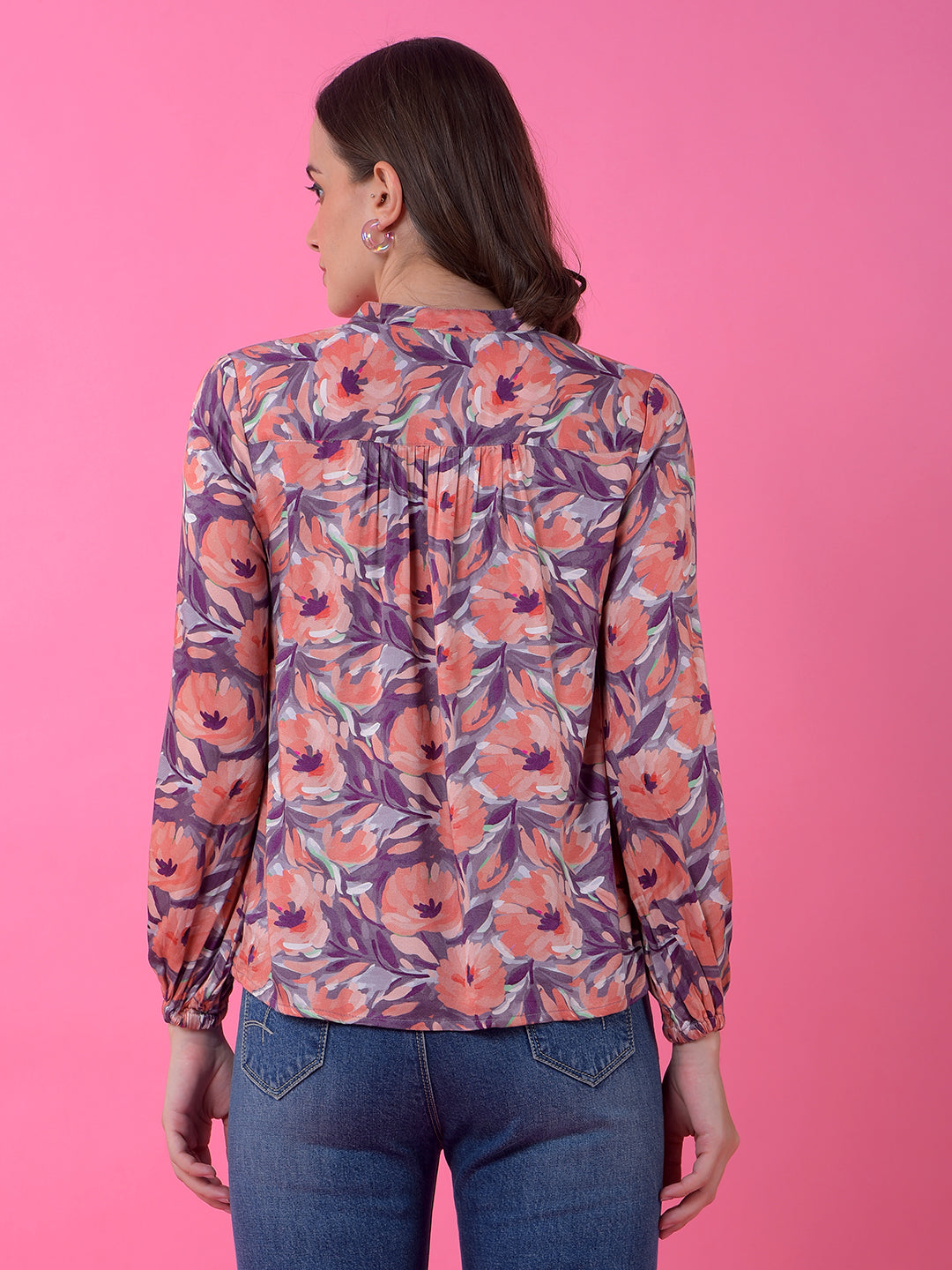 Purple Floral Print V-Neck Top