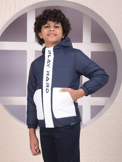 Navy Blue Color-Block Hooded Neck Puffer Jacket