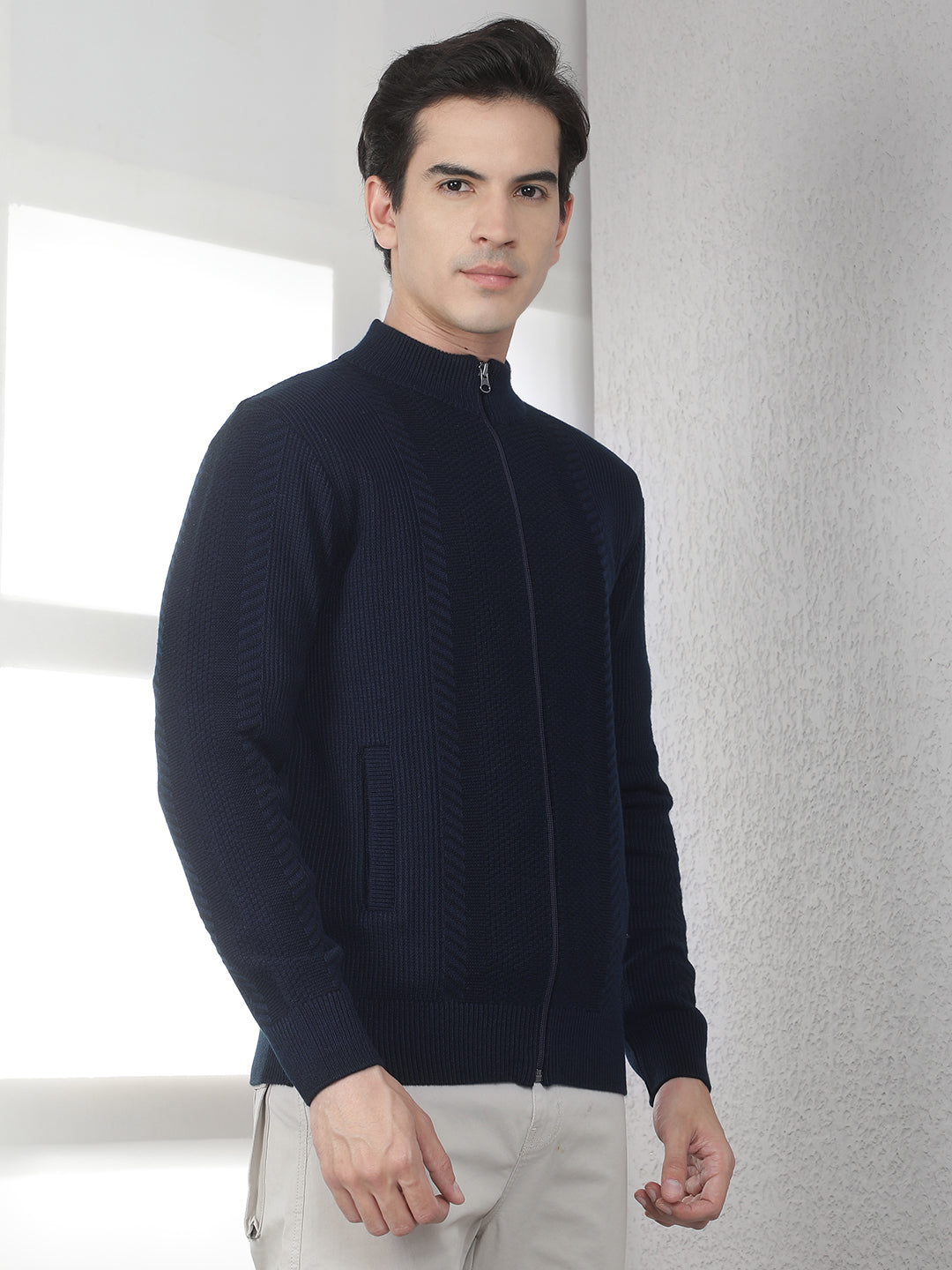 Navy Blue Jacquard Knitted Cardigan