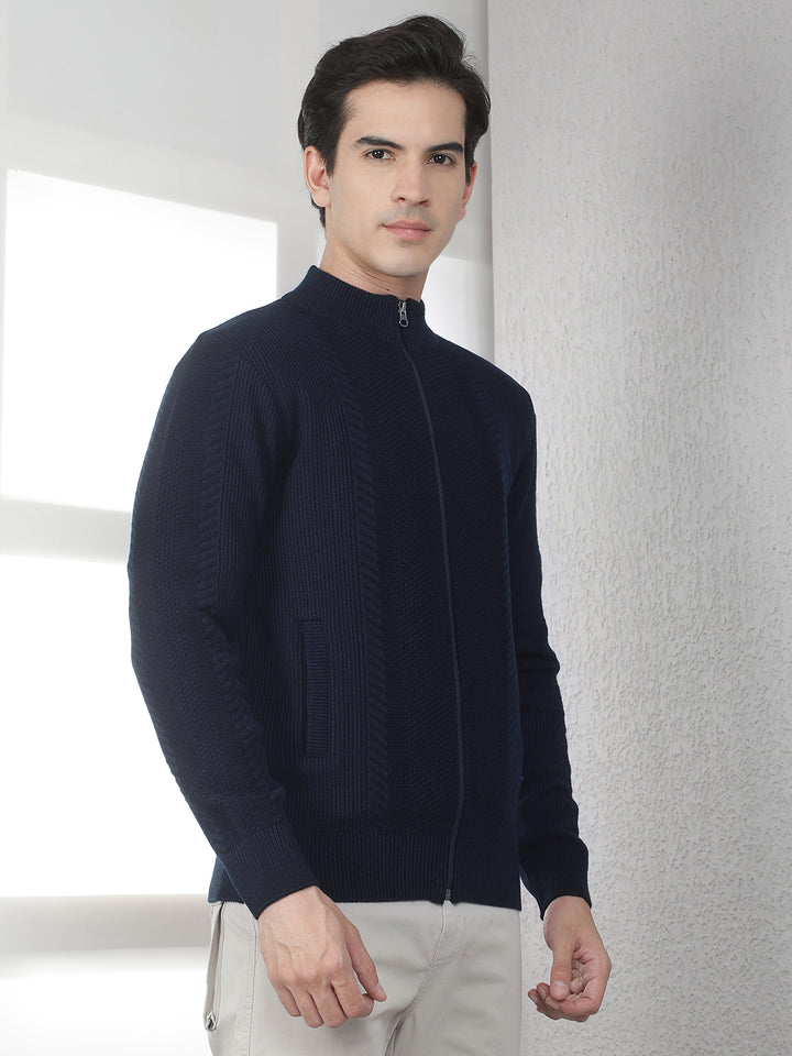 Navy Blue Jacquard Knitted Cardigan