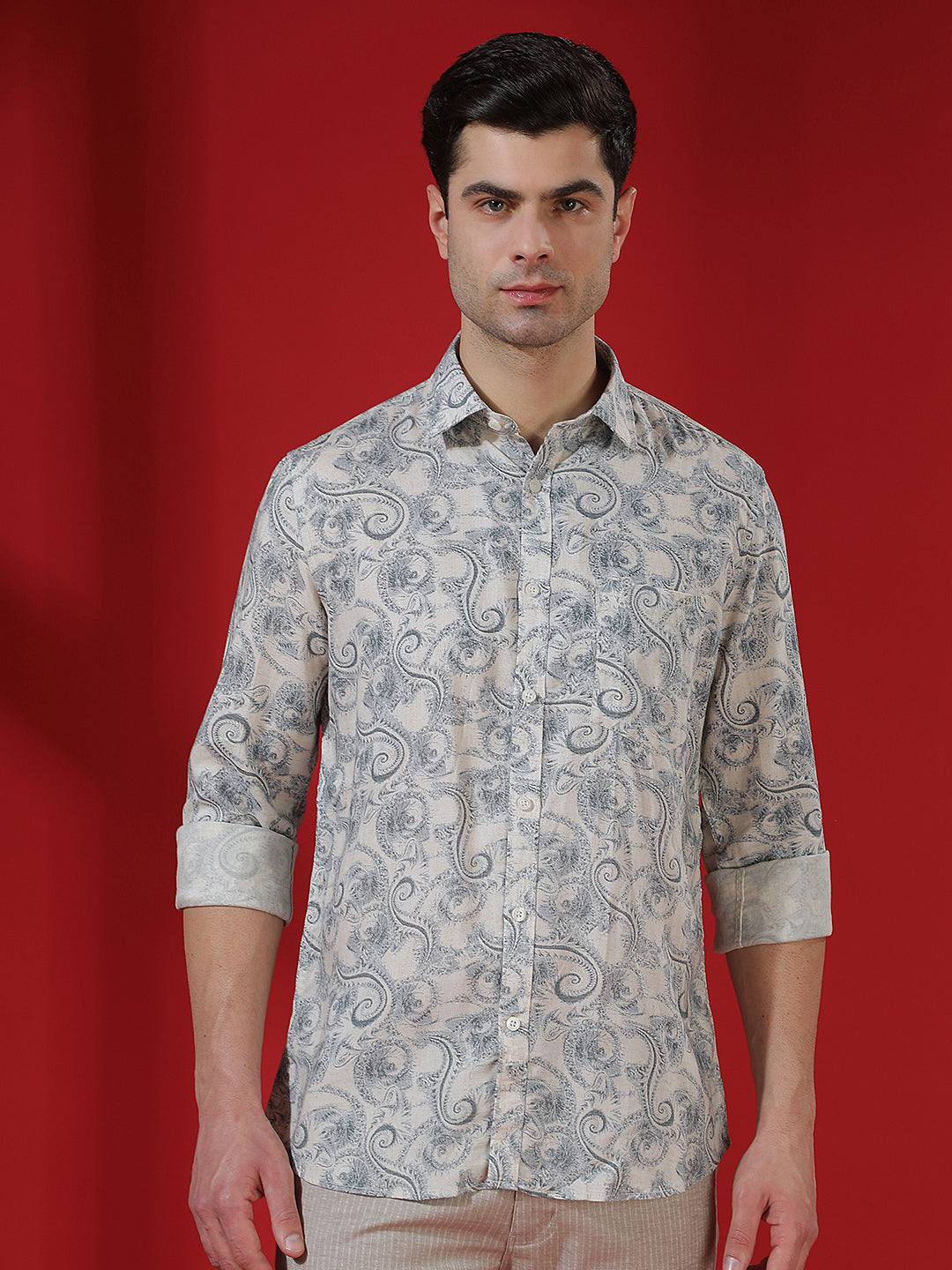 Blue Floral Print Linen Kurta