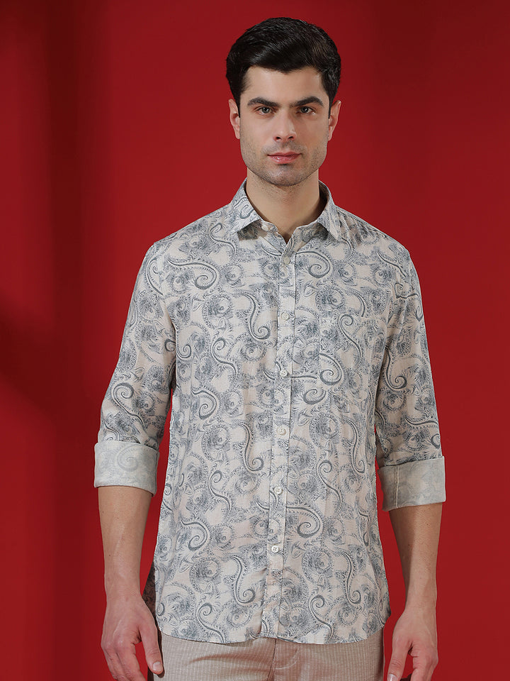 Blue Floral Print Linen Kurta