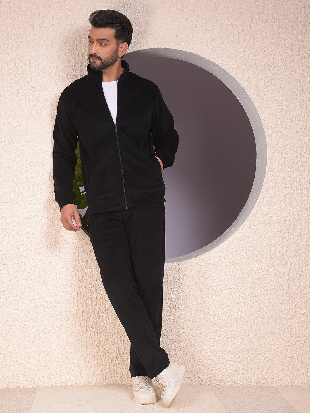 Black Knitted Trackpants With Button & Zip Closure