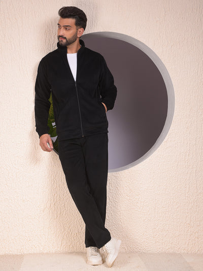 Black Knitted Trackpants With Button & Zip Closure