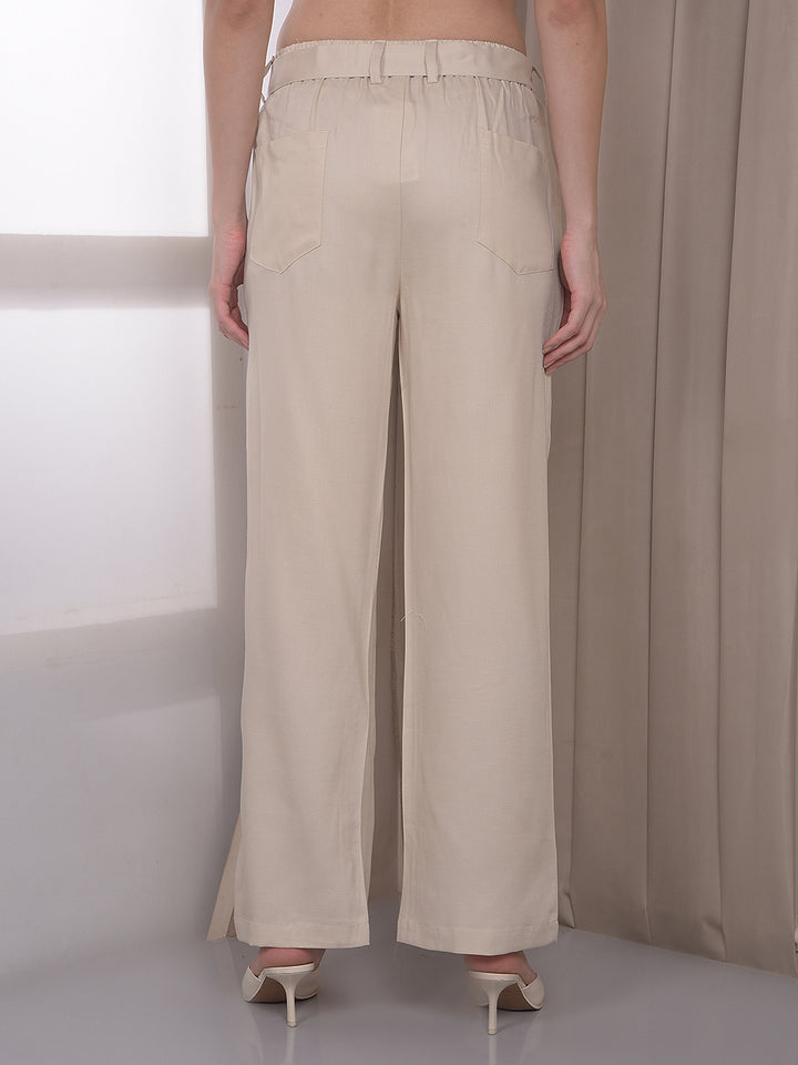 Beige Wide Leg Casual Trousers With Belt
