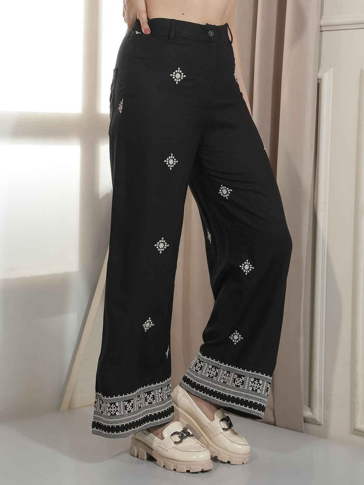 Black Embroidered Wide Leg Trousers