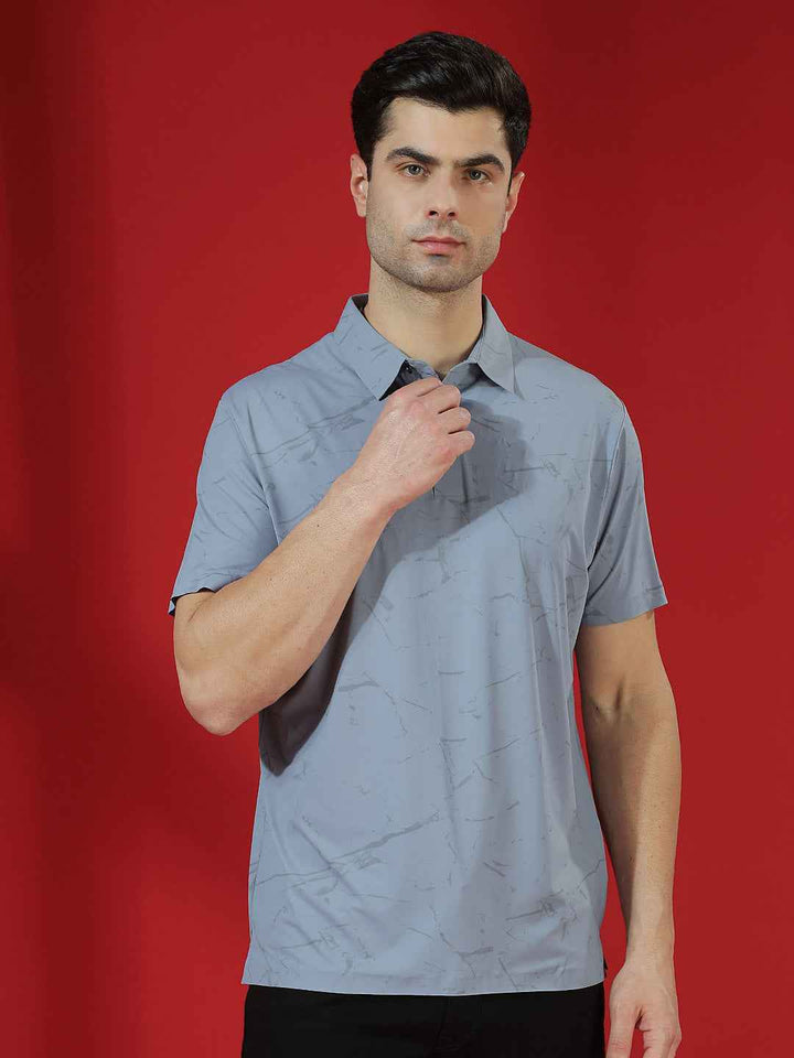 Blue Marble Print Polo T-Shirt