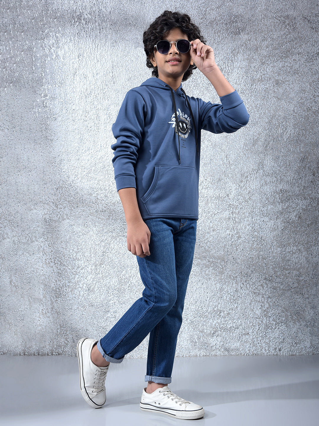 Blue Embellished Hooded Neck Sweatshirt