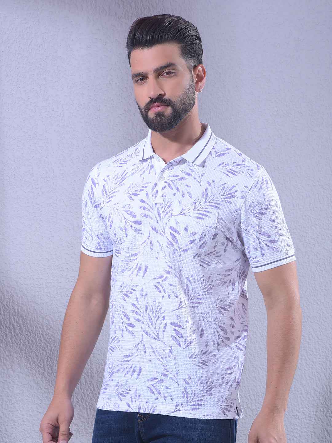 Purple Floral Print Polo Neck T-Shirt