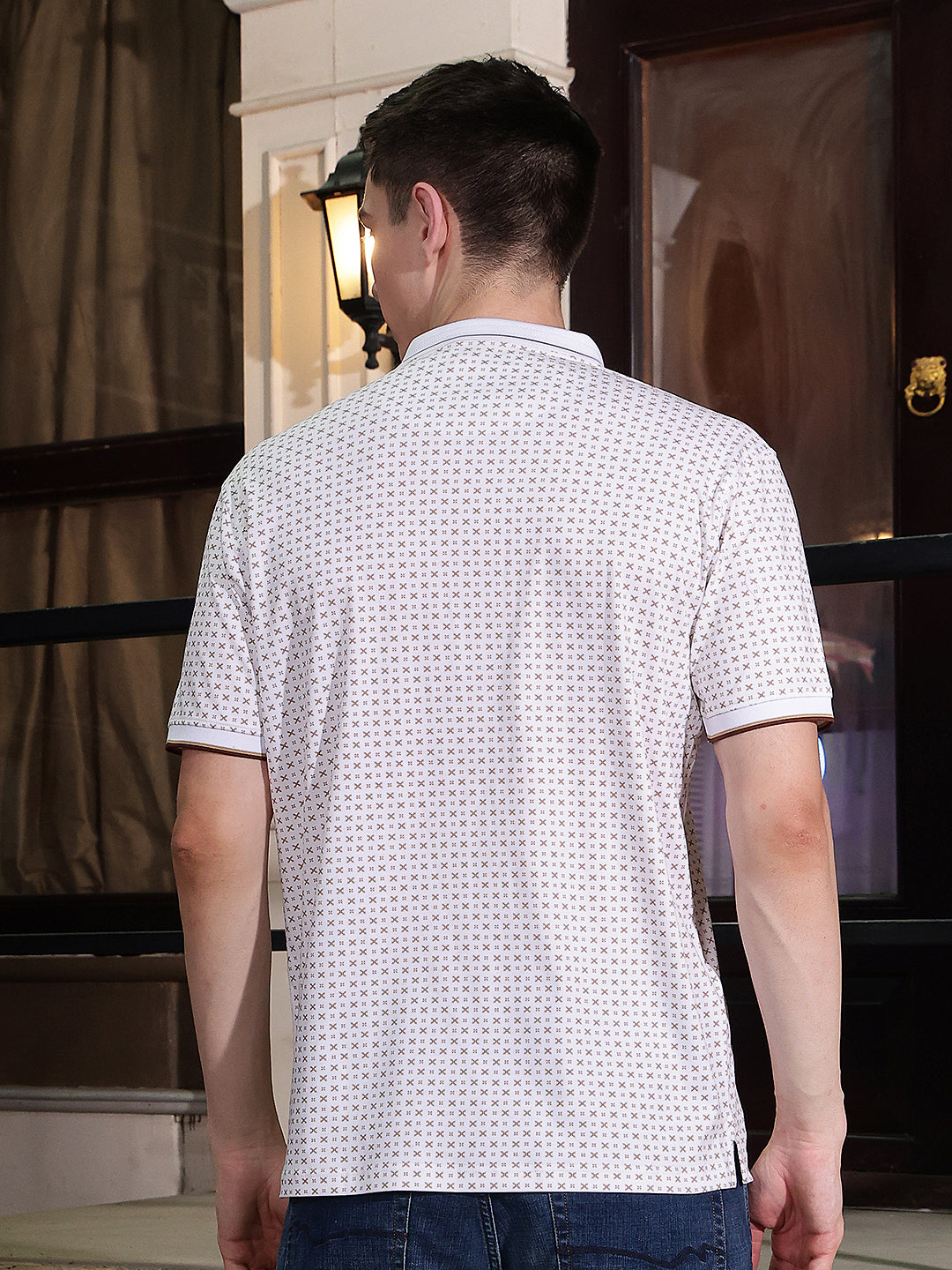 Beige Printed Polo Neck 100% Cotton T-Shirt