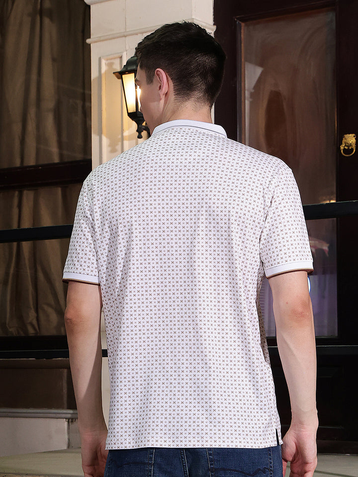 Beige Printed Polo Neck 100% Cotton T-Shirt