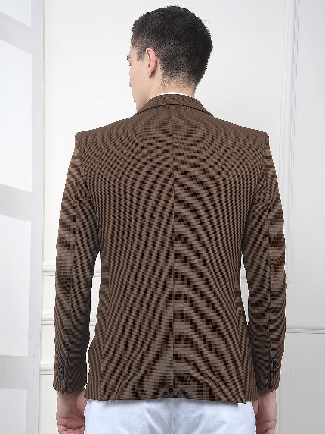 Brown Textured Notched Lapel Single Breasted Blazer