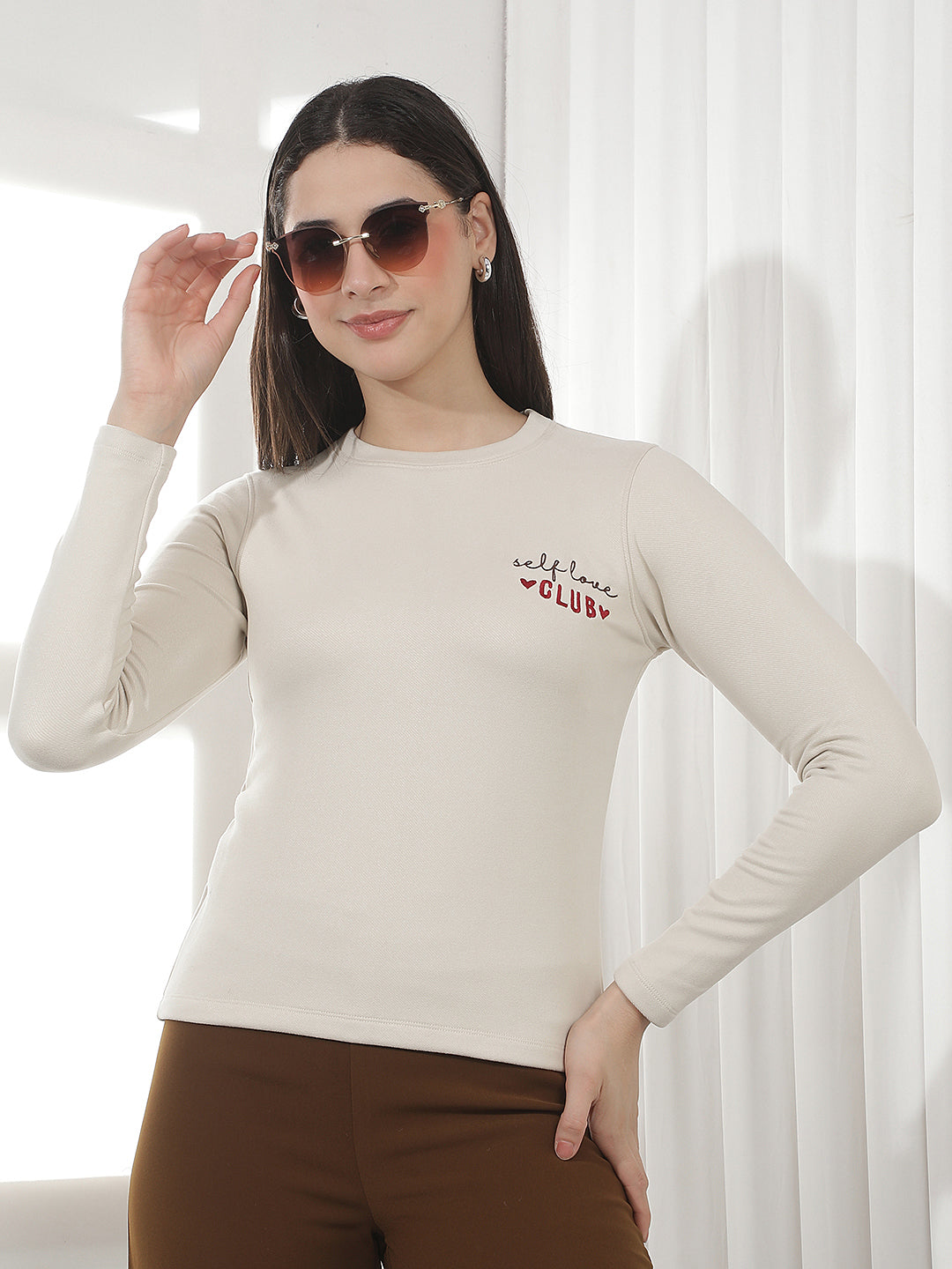 Cream Typographic Print Long Sleeves T-Shirt