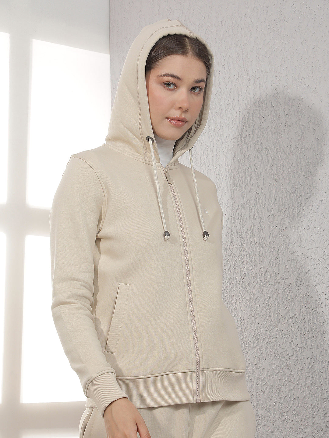 Beige Hooded Front-Open Sweatshirt