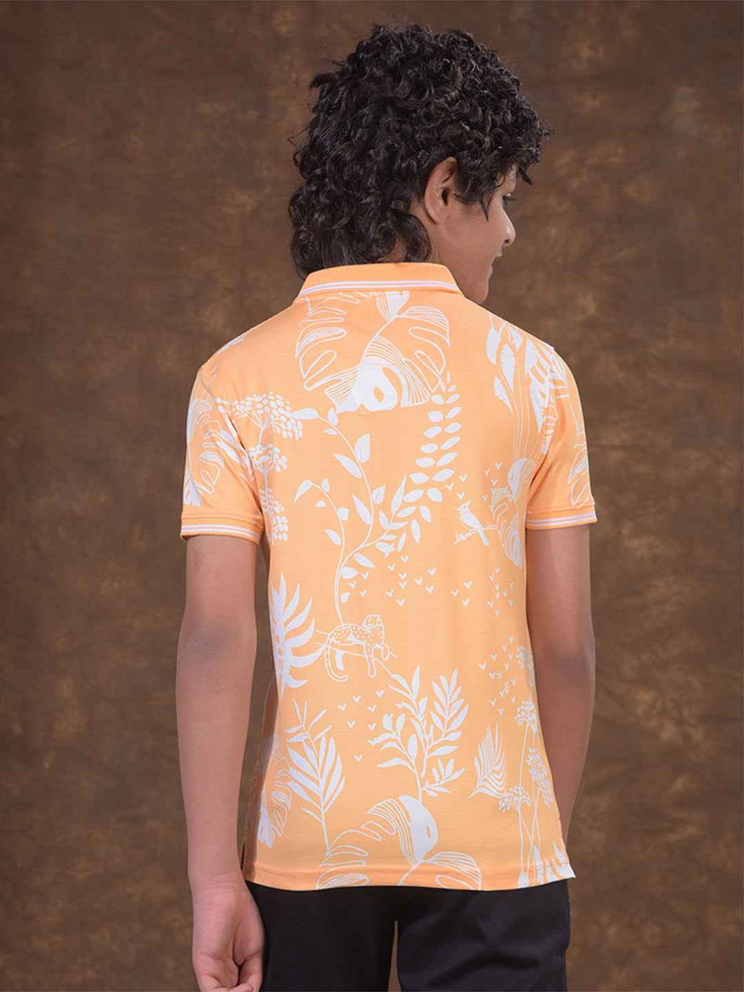 Peach Floral Print Polo Neck T-Shirt
