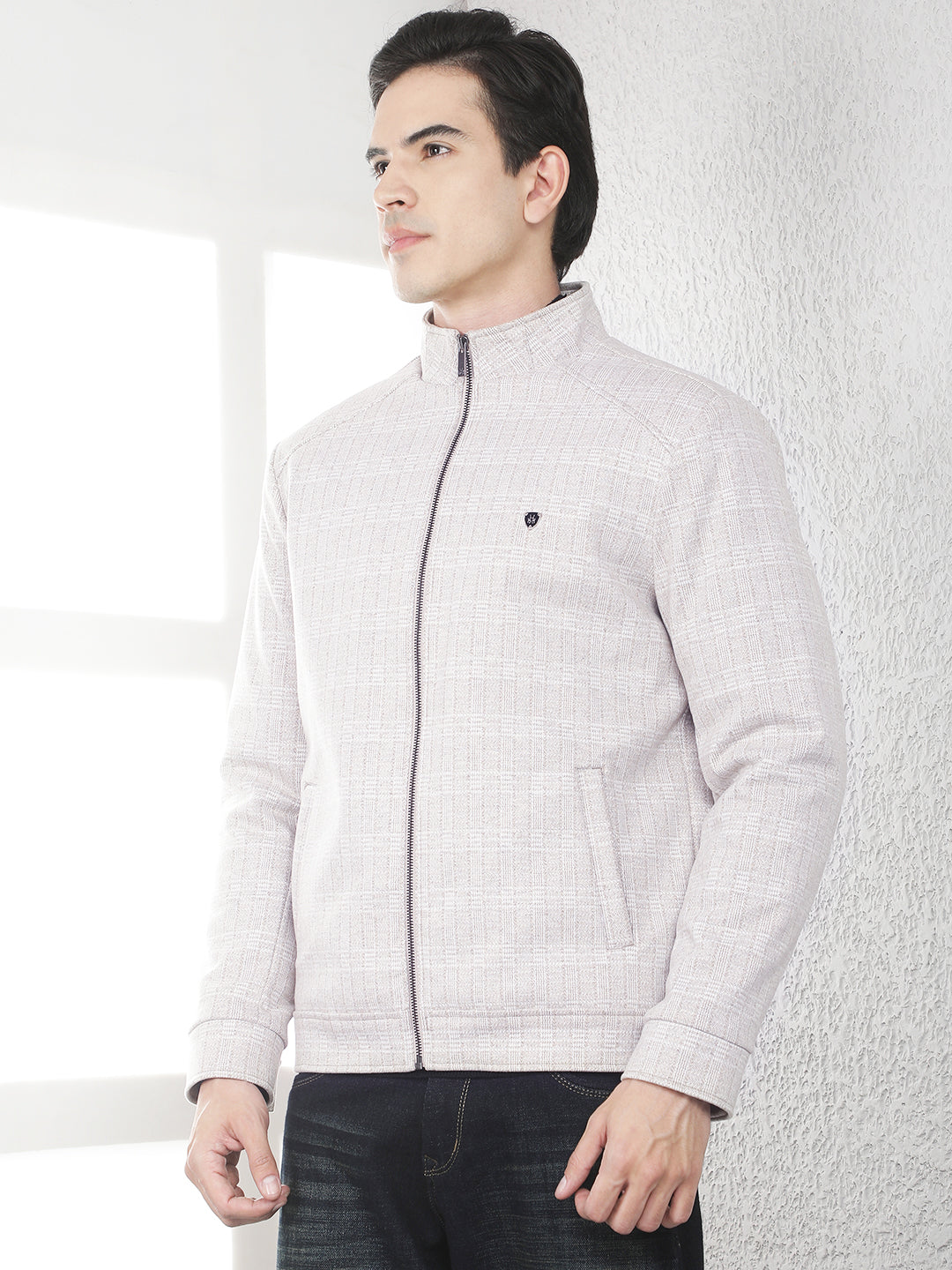 Beige Checked High Neck Tailored Jacket