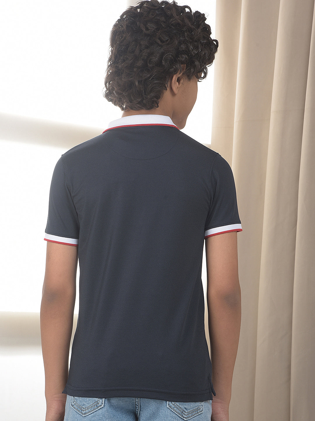Navy Blue Typographic Polo Neck T-Shirt