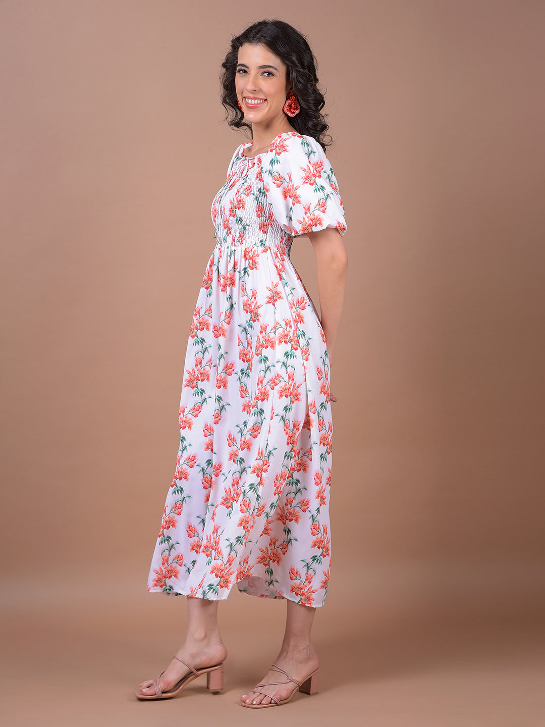 White Floral Print Square Neck A-Line Dress