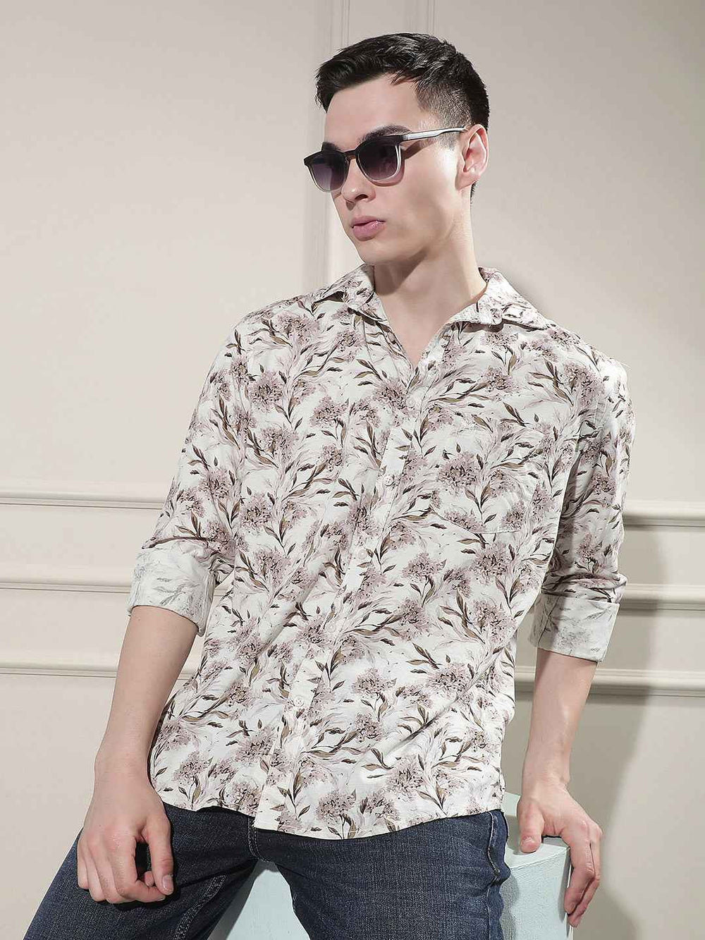 Brown Floral Print Linen Shirt