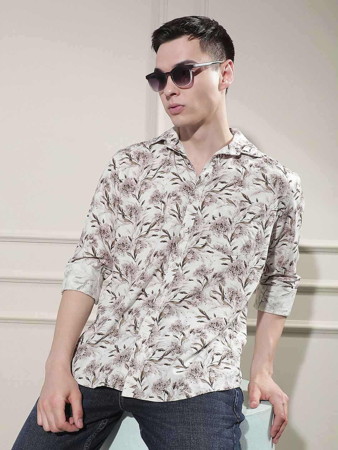 Brown Floral Print Linen Shirt