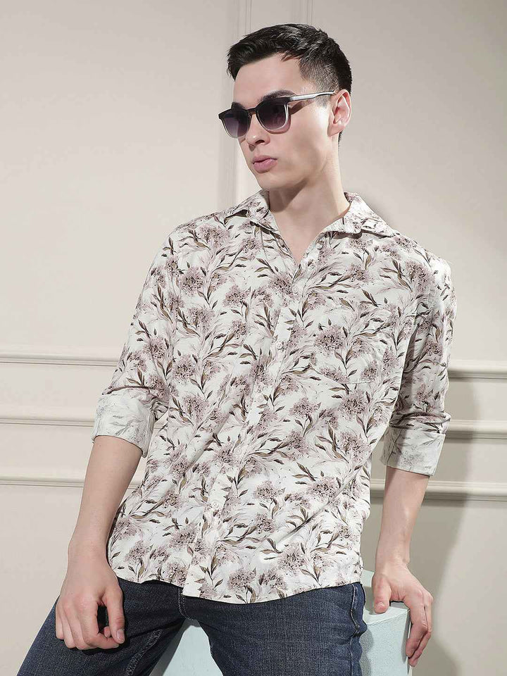 Brown Floral Print Linen Shirt