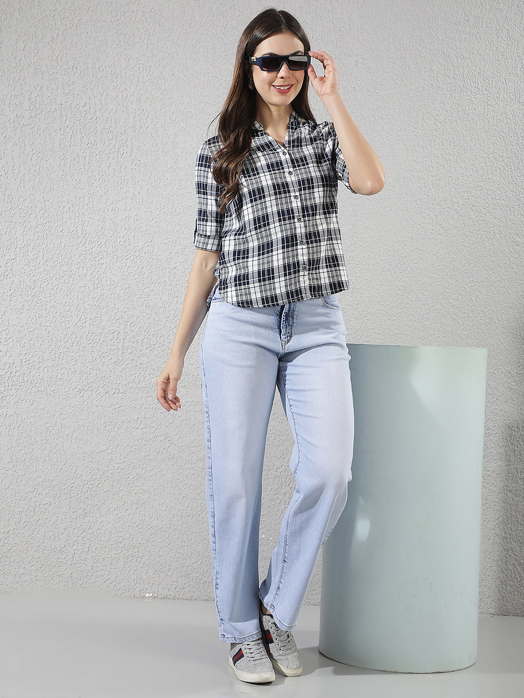 Navy Blue Checked V-Neck Shirt