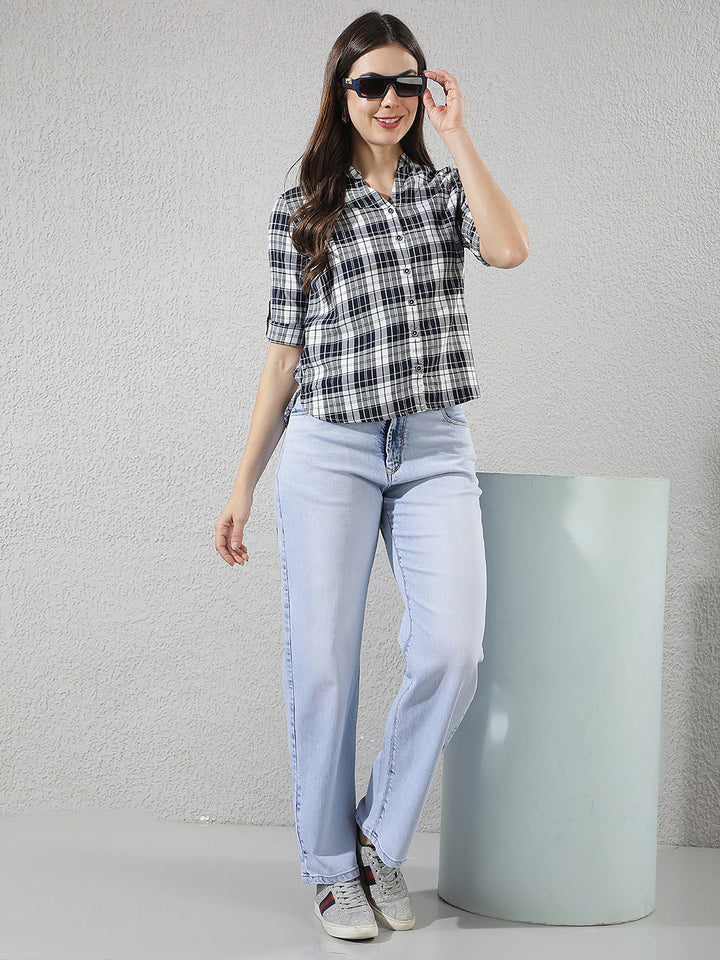 Navy Blue Checked V-Neck Shirt