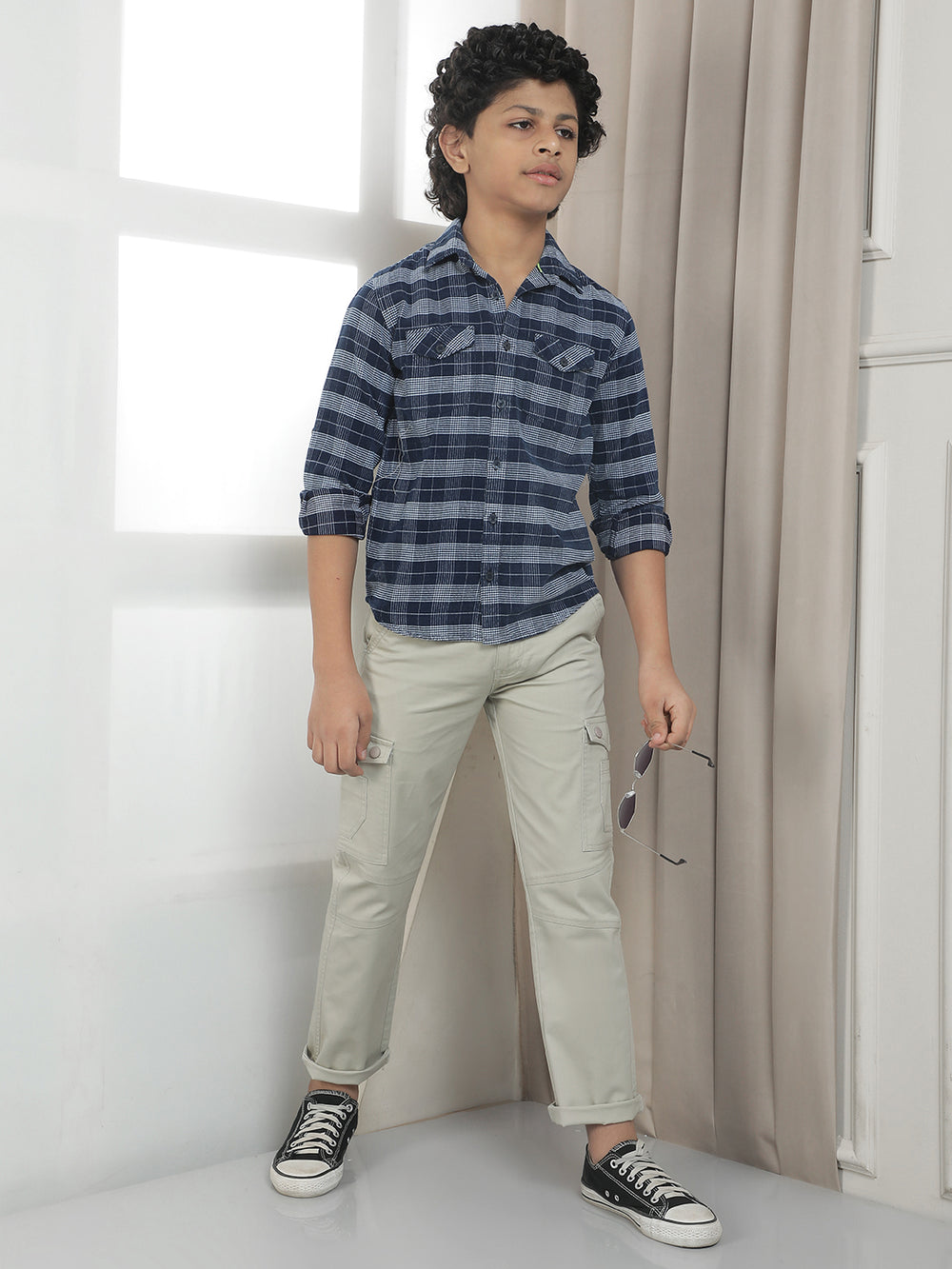 Blue Checked 100% Cotton Corduroy Shirt