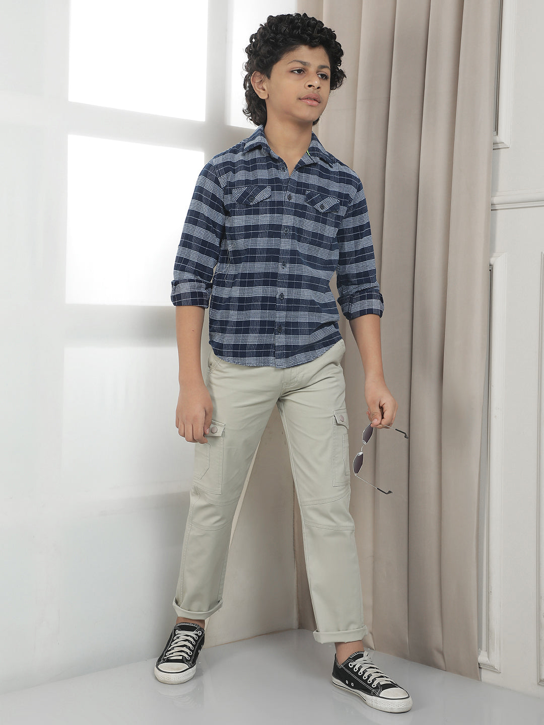Blue Checked 100% Cotton Corduroy Shirt