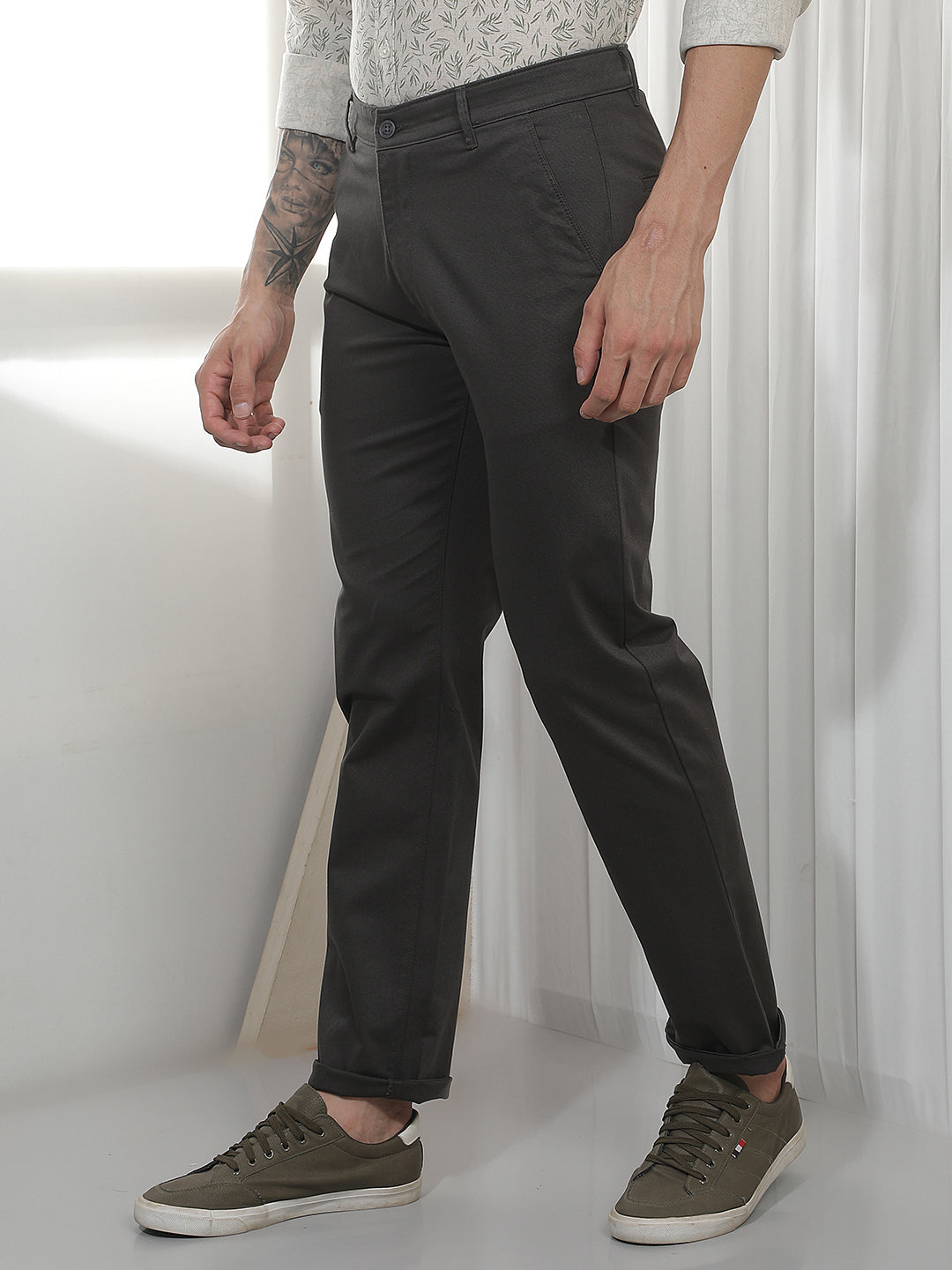 Grey Straight Cotton Trousers