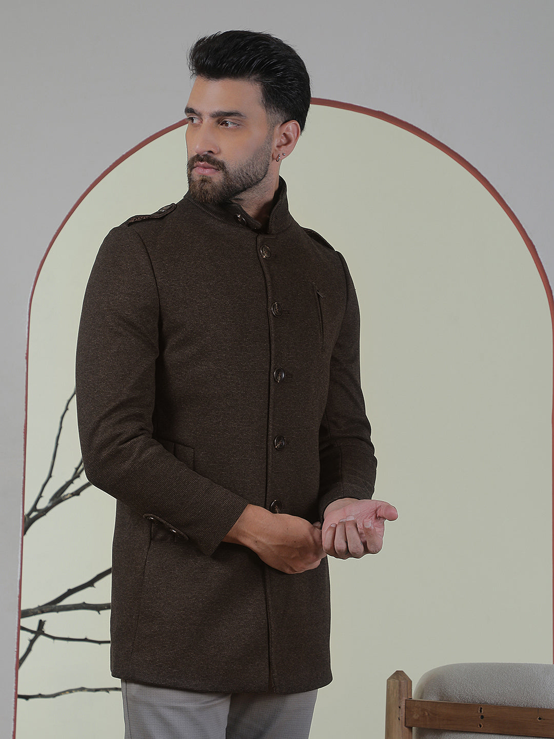 Brown Longline Stand Collar Coat