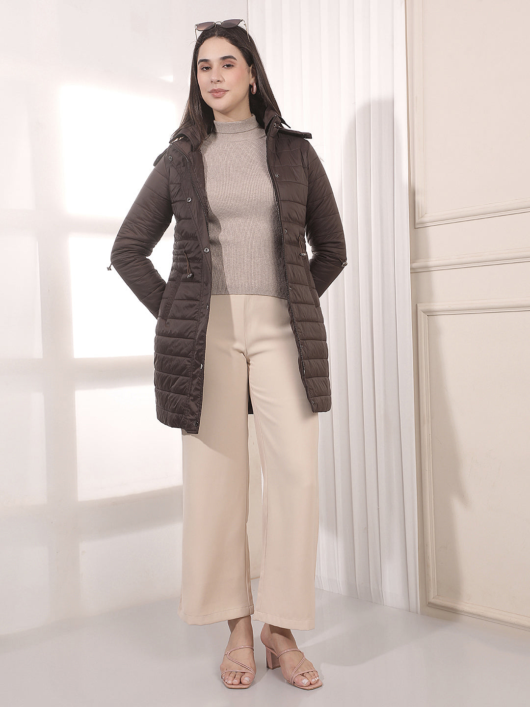 Brown Mid-Thigh Length Parka Hooded Jacket