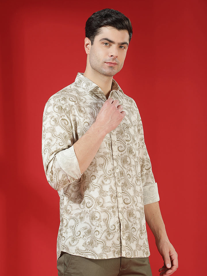 Olive Floral Print Linen Kurta