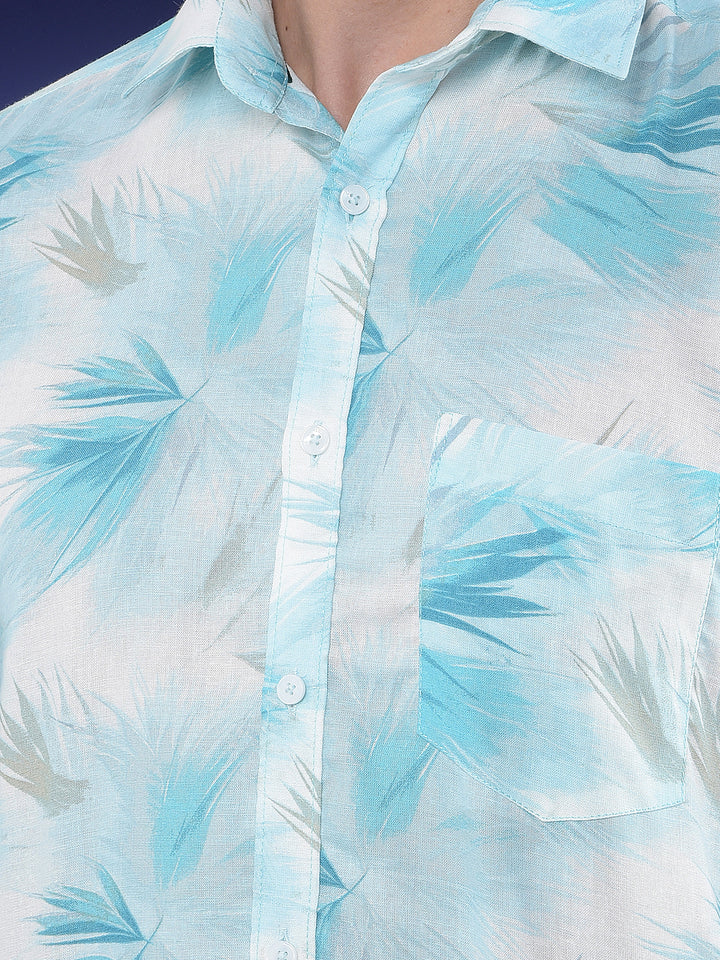 Blue Floral Print Linen Shirt