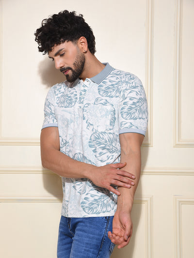 Green Floral Print Polo-Neck T-Shirt
