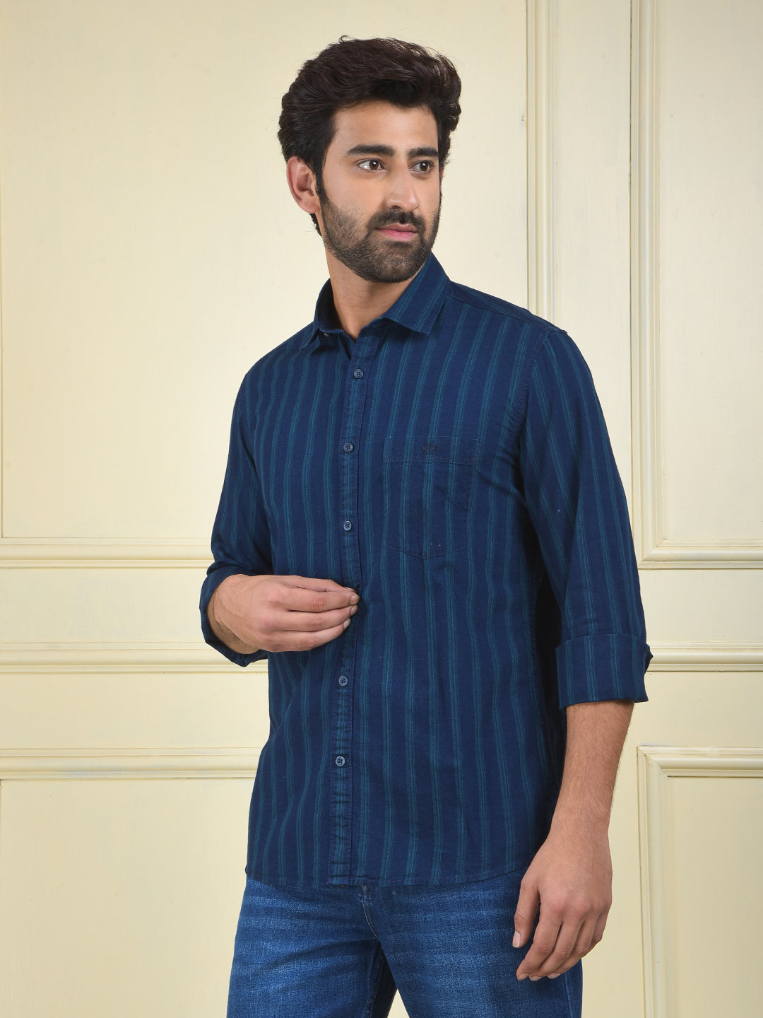 Navy Blue Vertical Stripes 100% Cotton Shirt