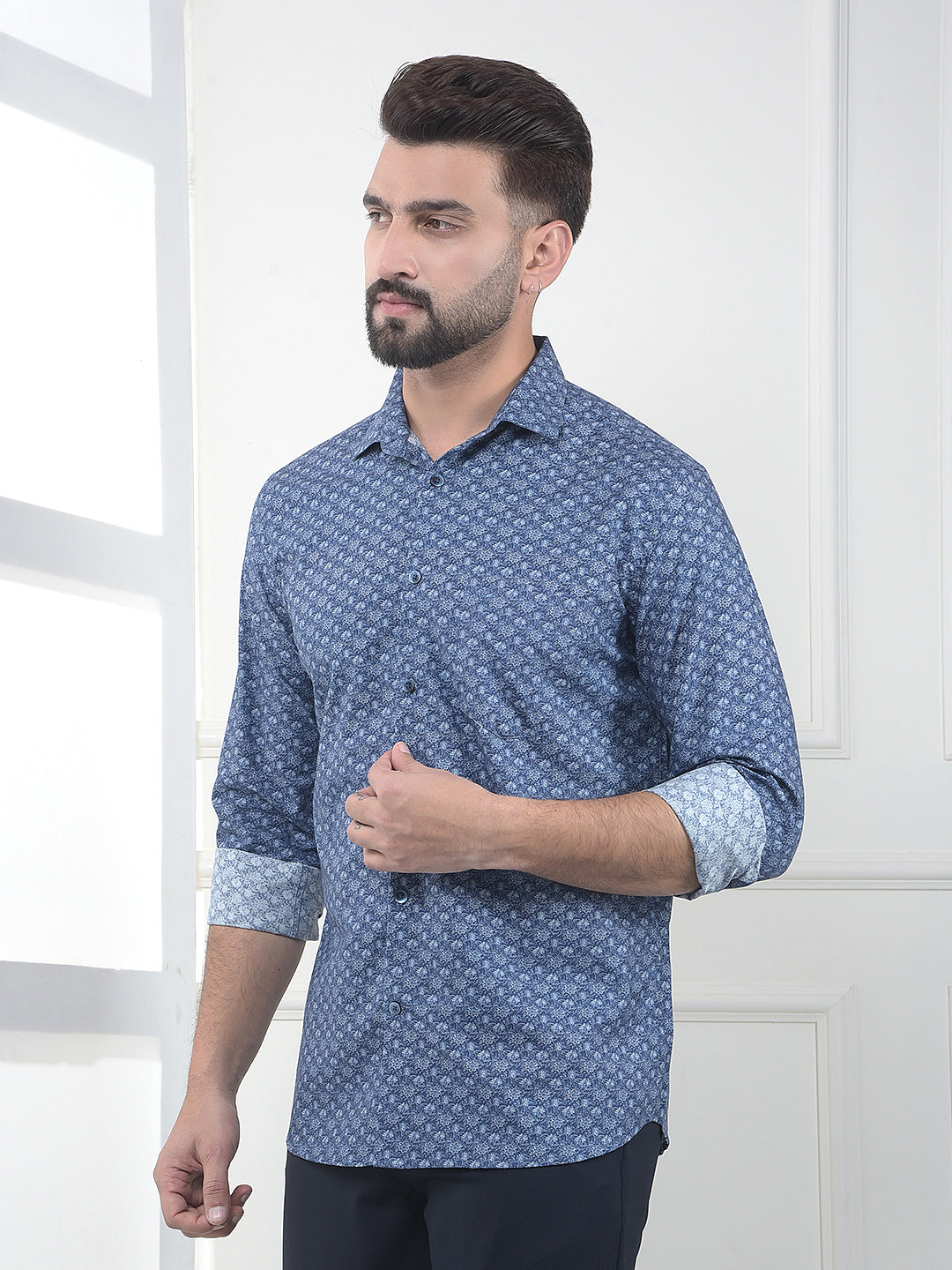 Blue Floral Print 100% Cotton Shirt