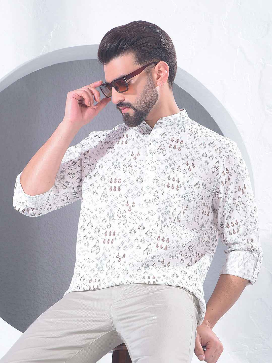 White Printed Linen Kurta
