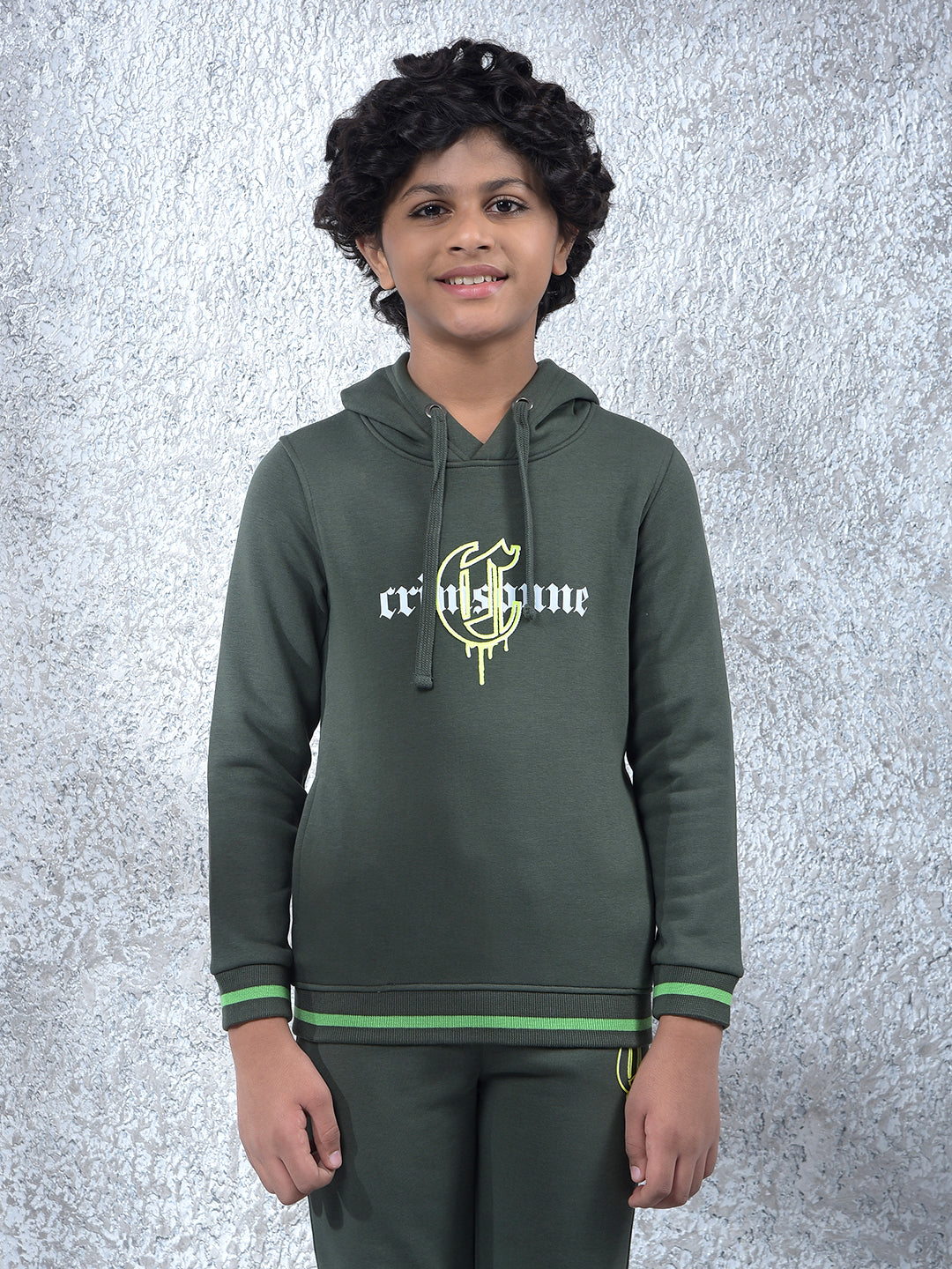 Olive Typographic Print Hooded Neck Sweatshirt