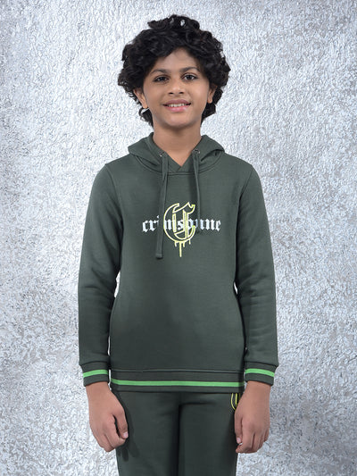 Olive Typographic Print Hooded Neck Sweatshirt