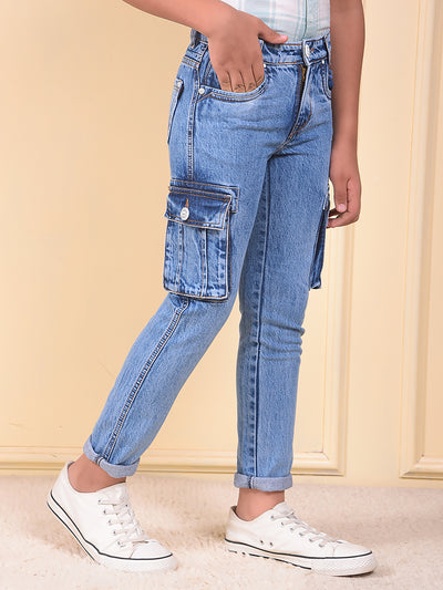 Blue 100% Cotton Straight Cargo Jeans
