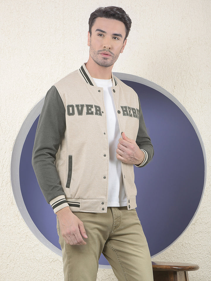 Beige Varsity Shacket With Slogan Printed