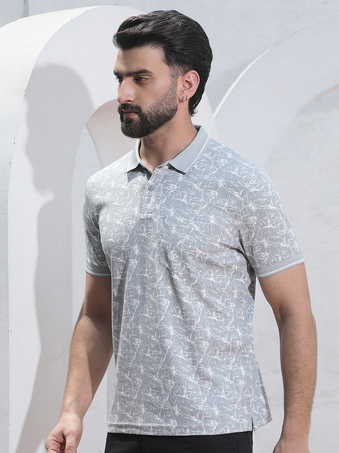 Grey Abstract Print Polo Neck T-Shirt