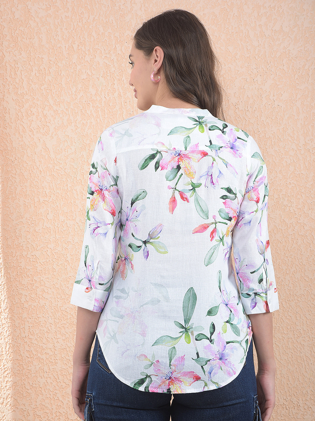 Green Floral Print V-Neck Linen Top
