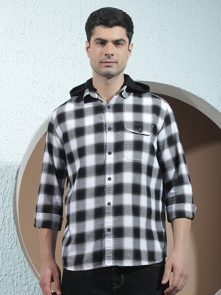 Black Checked 100% Cotton Hooded Shirt