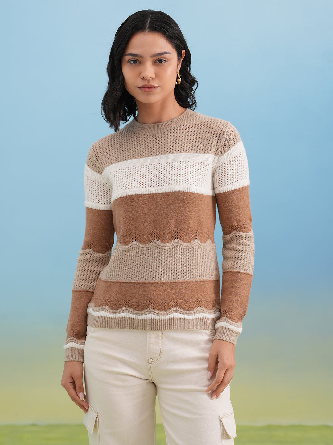 Sand Beige Textured Color-Block Sweater