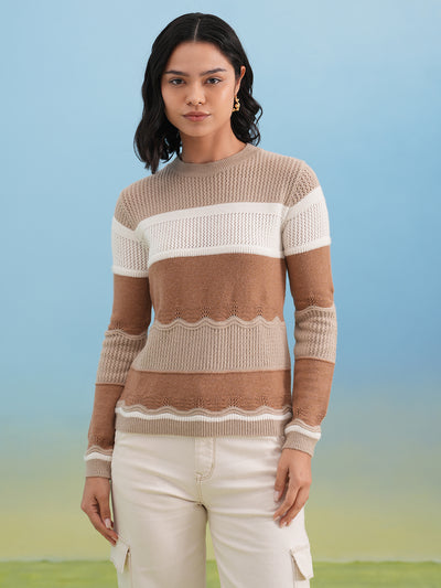 Sand Beige Textured Color-Block Sweater